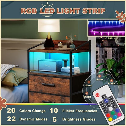 Nightstand 4 Drawer Dresser with LED Lights and Charging Station, Vertical Side Table with Fabric Drawers, End Table with Open Shelf, Tall Dresser for Bedroom, Hallway, Entryway, Rustic Brown - LeafyLoom