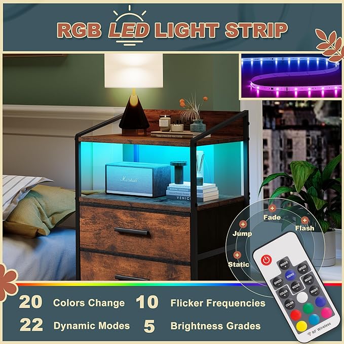 Nightstand 5 Drawer Dresser with LED Lights and Charging Station, Vertical Side Table with Fabric Drawers, End Table with Open Shelf, Tall Dresser for Bedroom, Hallway, Entryway, Rustic Brown - LeafyLoom