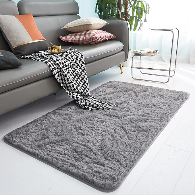 YOBATH Fluffy Soft Shaggy Area Rugs 3x5 Feet, Indoor Modern Fuzzy Plush Carpet Rugs for Living Room Bedroom Kids Room Nursery Home Decor, Anti-Slip Rectangle Bedside Shag Rugs, Grey - LeafyLoom