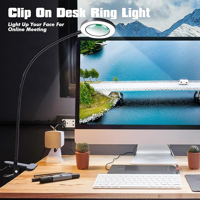 Desk Magnifying Glass with Light 5X, Clip on Desk Light with 3 Light Color, 5w LED Desk Lamp with Clamp 10 Adjustable Brightness, Flexible Gooseneck Craft Light Desk Lamps for Home Office - LeafyLoom