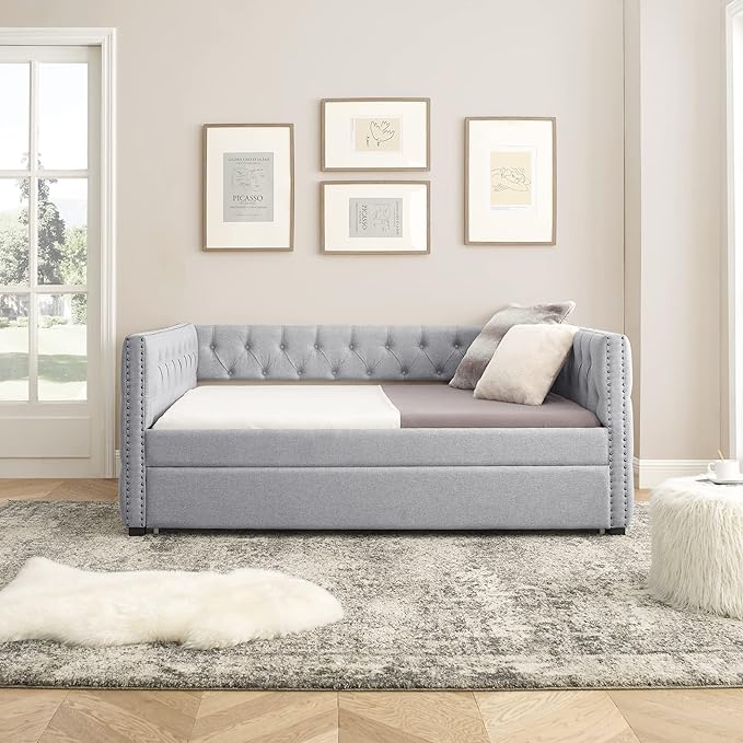 RITSU Modern Daybed with Casters, Upholstered Tufted Pull-Out Sofa Bed, Linen Solid Wood Structure, Square Arms w/Buttons and Copper Nails Accent, Suitable for Bedroom, Apartment, 85.00, Grey-2 - LeafyLoom