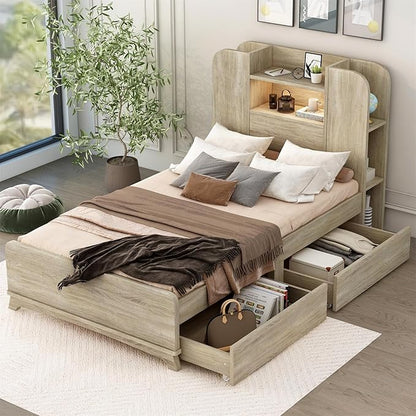 Merax Twin Size Bed Frame with Headboard and 2 Drawers,Kids Wood Platform Bed with Storage Underneath and Functional Headboard - LeafyLoom