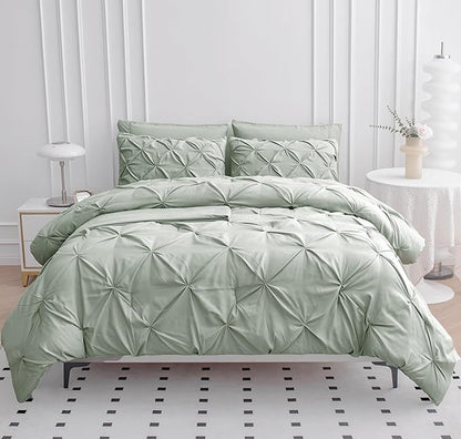 LANE LINEN King Size Comforter Set, 7 Piece Bed in a Bag King Size Set, Pintuck King Bed Set, Soft King Bedding Set, Pinch Pleated King Size Comforter Set with Sheets, Pillowcases & Shams - Mineral - LeafyLoom