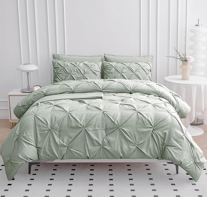 LANE LINEN Queen Size Comforter Set with Sheets, 7 Piece Comforter Set Queen Size, Pintuck Queen Comforter Set, Soft Queen Bed Set, Queen Size Bedding Comforter Sets, Queen Bed in Bag Set - Mineral - LeafyLoom