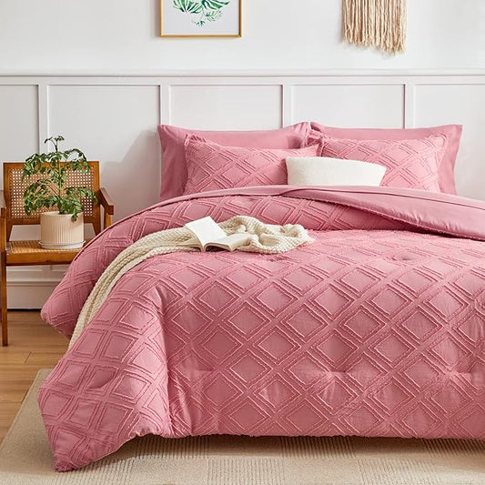 7 Pieces Tufted Bed in a Bag King Comforter Set with Sheets Pink, Soft and Embroidery Shabby Chic Boho Bohemian, Luxury Solid Color with Diamond Pattern, Jacquard Tufts Bedding Set for All Season - LeafyLoom