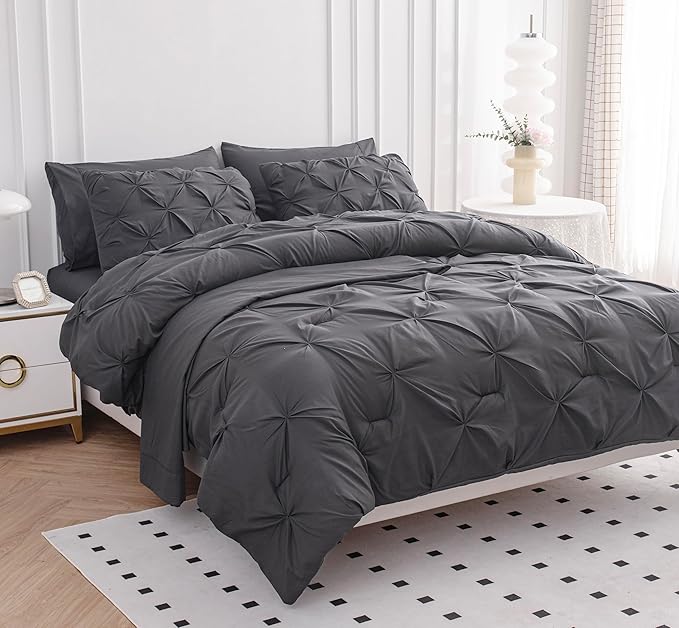 LANE LINEN King Size Comforter Set with Sheets, Pillowcases & Shams, 7 Piece Bed in a Bag Set King Size, Pintuck King Bed Comforter Set, Soft King Bedding Set, Pinch Pleated King Size Bed Set - Grey - LeafyLoom