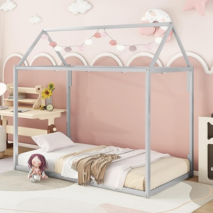 Metal Twin Size Montessori Floor Bed for Kids,Floor Bed Twin,House Bed with Slats for Boys Girls,Metal House Shape Platform Bed,No Spring Box Required,Silver - LeafyLoom