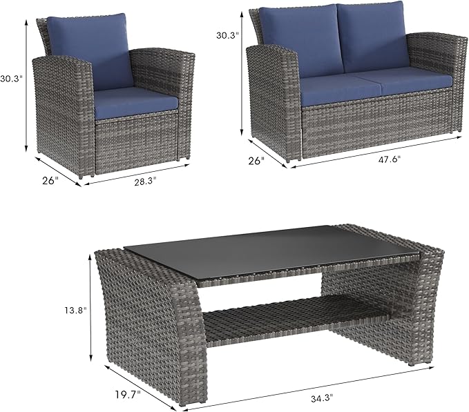 Solaste 4 Piece Outdoor Patio Furniture Set, Outdoor Sectional Sofa with Tempered Glass Coffee Table and Cushions, Wicker Rattan Patio Set for Backyard, Front Porch, Balcony, Blue - LeafyLoom