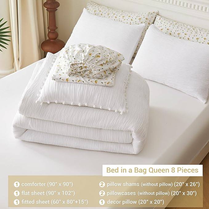 8 Piece Woven Texture White Comforter Set Queen, Bed in A Bag Bedding Sets Queen with Comforter and Sheets, Soft Lightweight Comforter Set with Deocor Throw Pillow, White - LeafyLoom