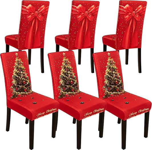 6PCS Christmas Dining Chair Covers Stretch Removable Washable Dining Room Chair Protector Slipcover 3D Print Xmas Tree Bow Tie Kitchen Chair Cover Slipcovers for Xmas Holiday Party Home Décor CZL