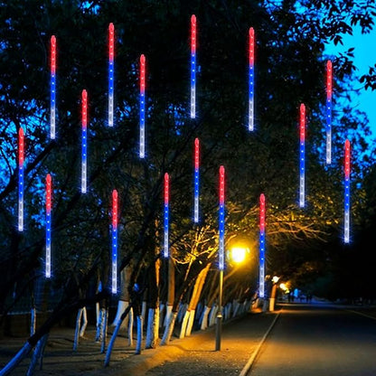 Dazzle Bright 4th of July Lights Decorations, 288LED Red Blue and White Meteor Shower Rain Lights 12Inch 8 Tubes, Waterproof Plug in Falling Rain Lights Independence Day for Outdoor Yard DazzleBright