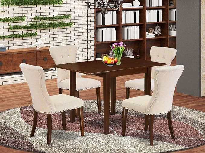 East West Furniture NDGA5-MAH-32 Norden 5 Piece Set Includes a Rectangle Kitchen Table with Dropleaf and 4 Light Beige Linen Fabric Parson Dining Chairs, 30x48 Inch, Mahogany - LeafyLoom