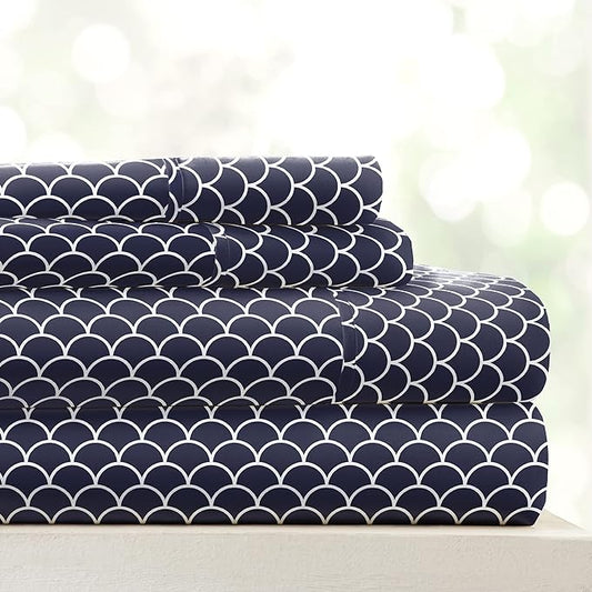 4 Piece California King Bedding Sheet Set (Navy Scallops) - Sleep Better Than Ever with These Ultra-Soft & Cooling Bed Sheets for Your Cal King Size Bed - Deep Pocket Fits 16" Mattress - LeafyLoom