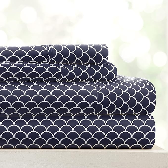 3 Piece Twin Bedding Sheet Set (Navy Scallops) - Sleep Better Than Ever with These Ultra-Soft & Cooling Bed Sheets for Your Twin Size Bed - Deep Pocket Fits 16" Mattress - LeafyLoom