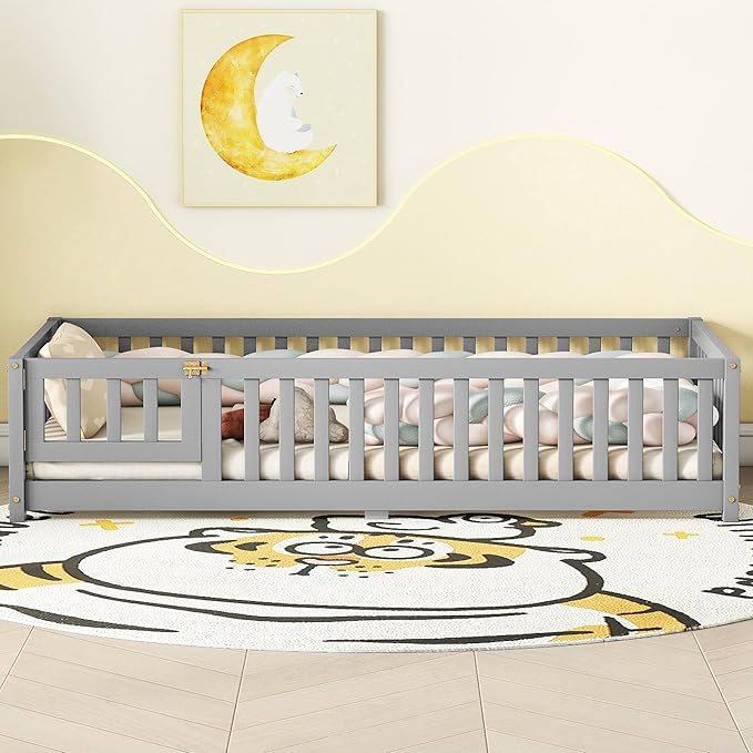 Multifunctional Twin Size Floor Bed with Safety Guardrails and Door, Removable Wood Slats, Montessori Beds Frame for Toddlers, Easy Assembly, for Boys and Girls Room, Gray - LeafyLoom