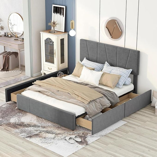 Queen Size Upholstered Platform Bed Frame with 4 Storage Drawers and Adjustable Headboard, Wooden Slats Support, No Box Spring Needed, Gray - LeafyLoom