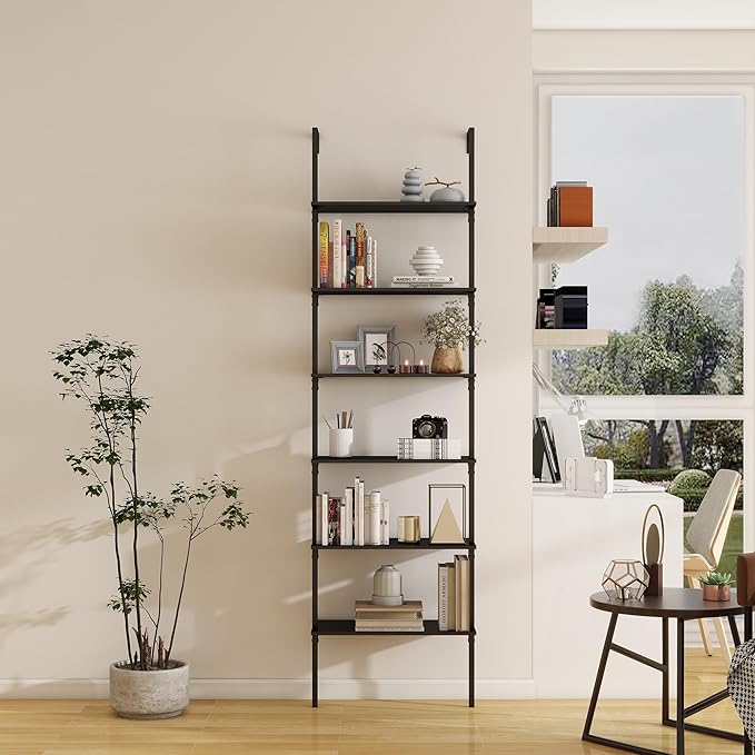 Panana 6 Tier Tall Modern Bookshelf, Industrial Ladder Shelf Open Space Wall Mount Bookshelf with Metal Frame Sturdy Bookcase for Living Room (Black, 6-Tier) - LeafyLoom