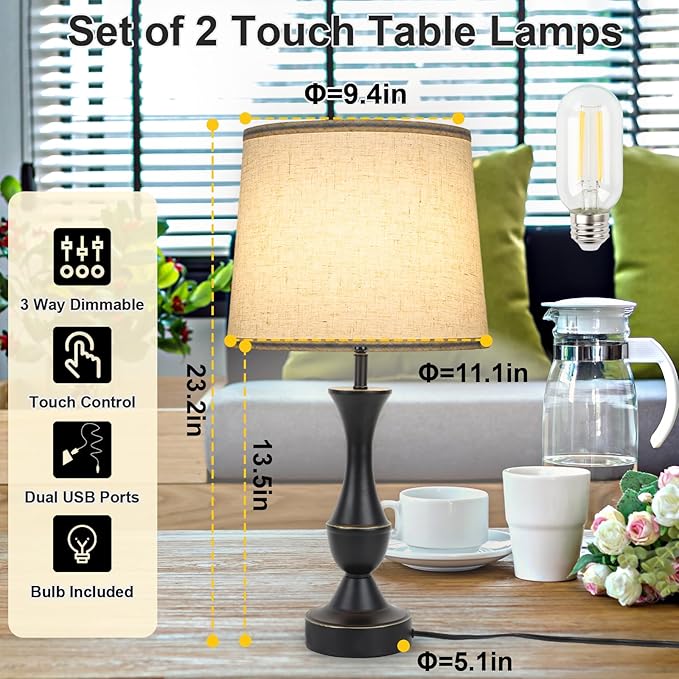 Touch Lamps for Bedrooms Set of 2, Farmhouse Table Lamp with USB C Charging Port, 3 Way Dimmable Nightstand Lamps with Linen Fabric Lampshade for Bedroom, Living Room (Pack2-Black) - LeafyLoom