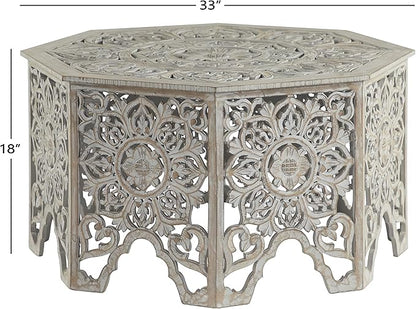 Deco 79 Wooden Floral Handmade Living Room Coffee Table Intricately Carved Table with Hollow Interior, Center Table 33" x 33" x 18", Light Gray - LeafyLoom