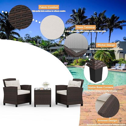 Shintenchi 3 Pieces Patio Furniture Set 3 Pieces PE Rattan Wicker Chairs with Table Outdoor Furniture for Backyard/Garden/Poolside/Outdoor Restaurant Brown Rattan with White Cushion - LeafyLoom