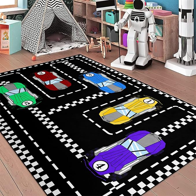 Car Rug Race Car Rug Car Track Rugs for Boys Race Track Carpet Race Car Track Rug Car Rug for Boys Room Car Rug Play Mat Car Carpet for Kids Rugs for Boys Bedroom,Black 4'5''×6' - LeafyLoom