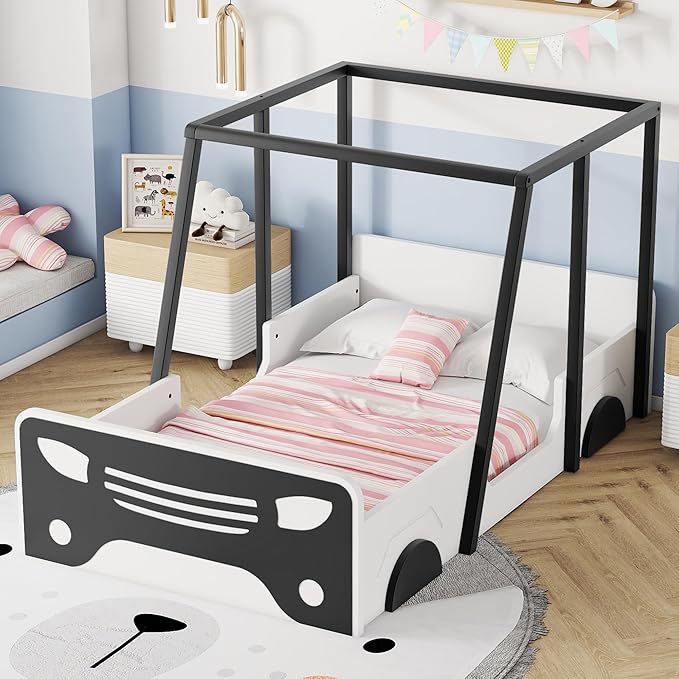 Twin Size Bed Car-Shaped,Twin Montessori Floor Bed Frame Car Bed with Wheels and Door,Solid Wood Twin Car-Shaped Platform Bed for Children, Boys, Girls, Toddler, Without Slats,Black - LeafyLoom