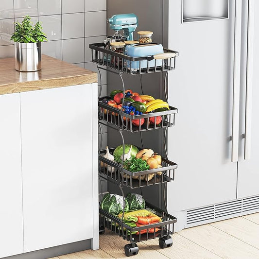 Wisdom Star 4 Tier Fruit Vegetable Basket for Kitchen, Storage Cart, Vegetable Basket Bins, Wire Storage Organizer Utility Cart with Wheels, Medium, Black - LeafyLoom