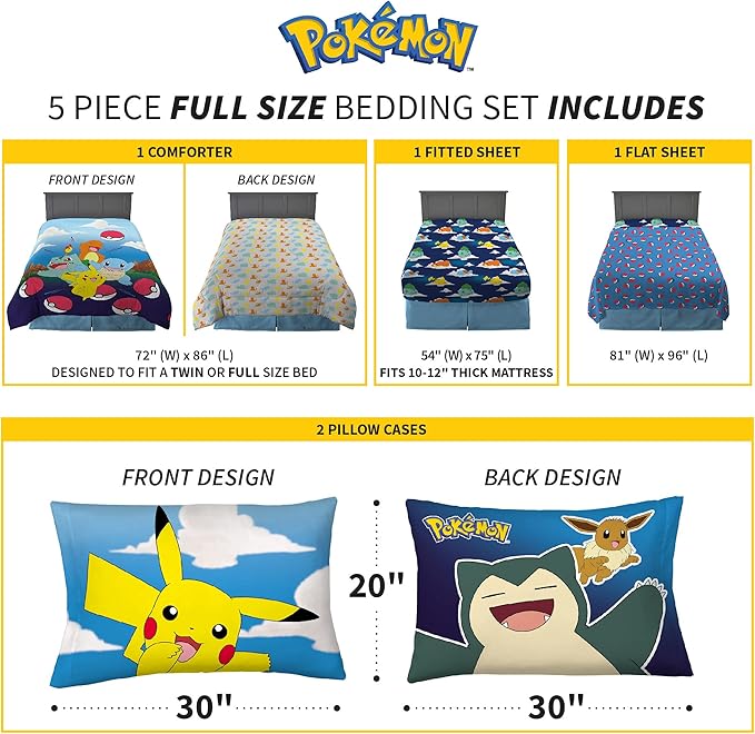 Franco Kids Bedding Super Soft Comforter and Sheet Set, 5 Piece Full Size, Pokemon - LeafyLoom