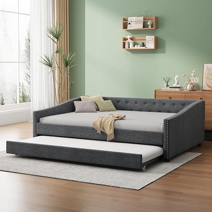 Full Size Upholstered Daybed with Twin Size Trundle,Wood Sofa Bed Frame W/Button Tufted Back and Nailhead Decorated Waved Shape Arms,Slat Support,for Bedroom,Living Room,Apartment,Dark Gray - LeafyLoom