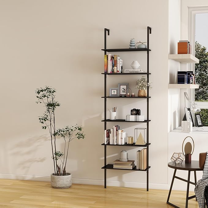 Panana 6 Tier Tall Modern Bookshelf, Industrial Ladder Shelf Open Space Wall Mount Bookshelf with Metal Frame Sturdy Bookcase for Living Room (Black, 6-Tier) - LeafyLoom