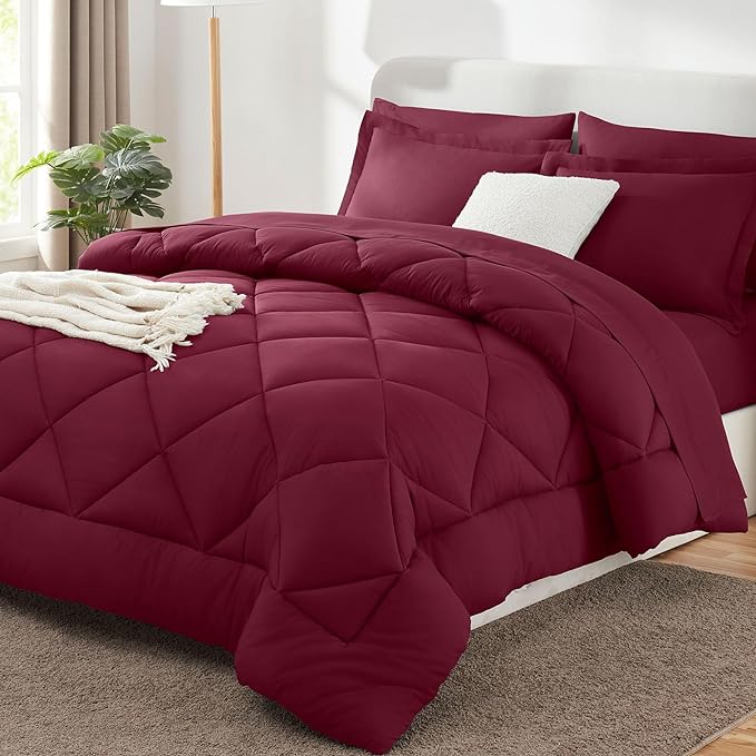 CozyLux Queen Comforter Set with Sheets 7 Pieces Bed in a Bag Burgundy All Season Bedding Sets with Comforter, Pillow Shams, Flat Sheet, Fitted Sheet and Pillowcases, Red, Queen - LeafyLoom