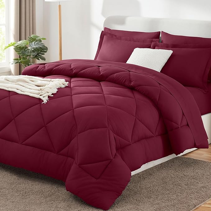 CozyLux Full Comforter Set with Sheets 7 Pieces Bed in a Bag Burgundy All Season Bedding Sets with Comforter, Pillow Shams, Flat Sheet, Fitted Sheet and Pillowcases, Red, Full - LeafyLoom