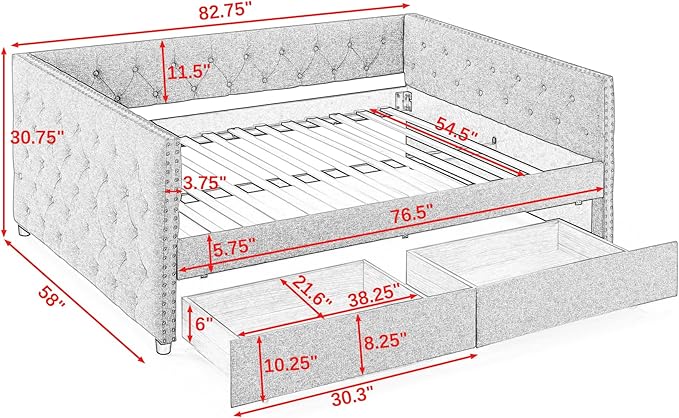 Full Size Upholstered Daybed, Pull Out with Two Storage Drawers, Solid Wood Frame Bed, Tufted Buttons and Copper Nails On Square Arms, for Bedrooms,Apartments - LeafyLoom