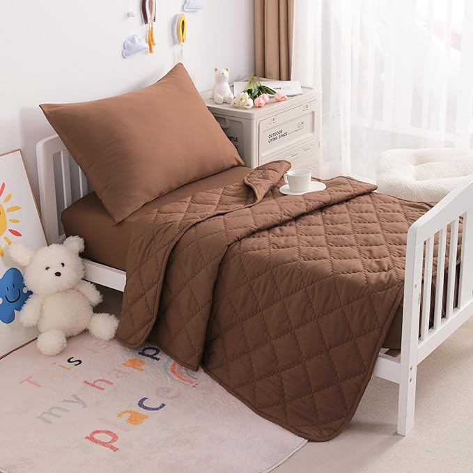 NTBAY Toddler Bedding Set - 4 Piece Soft and Breathable Crib Bedding Set for Boys and Girls, Includes Quilted Comforter, Fitted Sheet, Flat Top Sheet and Envelope Pillowcase, Brown - LeafyLoom