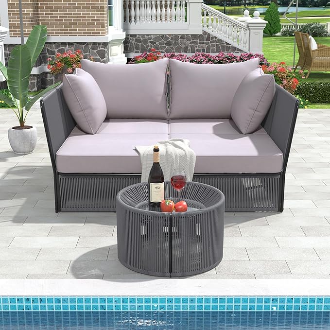 2-Piece Sunbed and Coffee Table, Patio Double Chaise Lounger Loveseat Daybed Outdoor Furniture Set for Backyard Poolside Lawn Balcony, Full, Ac-Grey - LeafyLoom