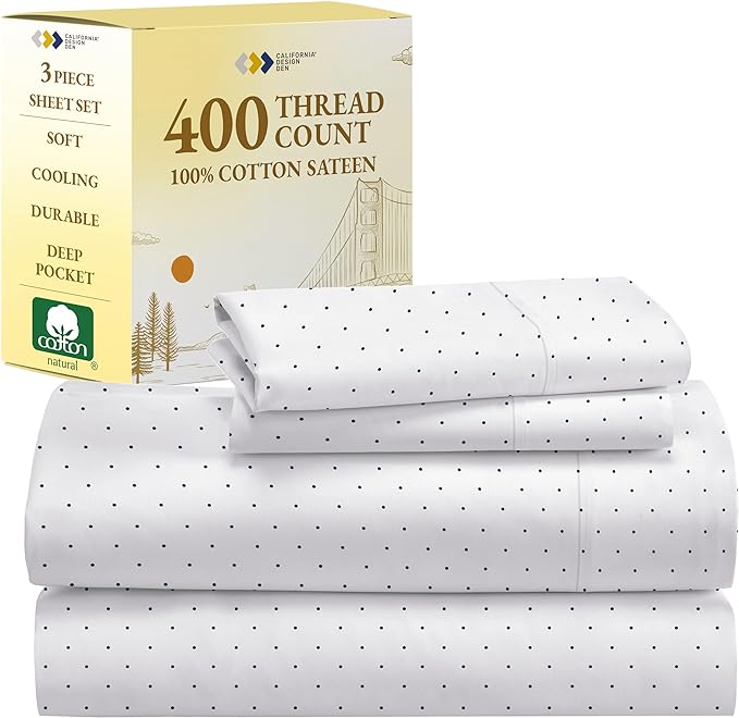 California Design Den Polka Dot Sheets Softest 100% Cotton Sheets for Twin Size Bed, Luxury 400 Thread Count Sateen, Printed Pattern (Polka Dot) - LeafyLoom