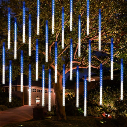 Dazzle Bright 288 LED Christmas Light, 11.8 Inch Meteor Shower Rain Lights with 8 Tubes，Waterproof Plug in Falling Rain Lights Christmas Decorations for Xmas Bushes Tree Yard Party, Blue and White DazzleBright