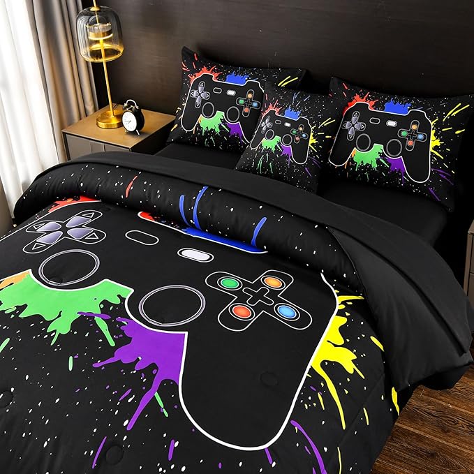 DORCAS Full Size Gamer Comforter Set with Sheets for Boys,Game Console Black Bedding Set for Kids,6 Pieces Bed in a Bag Colorful Graffiti Gaming Controller Comforter,Sheets,Pillowcases (Black, Full) - LeafyLoom