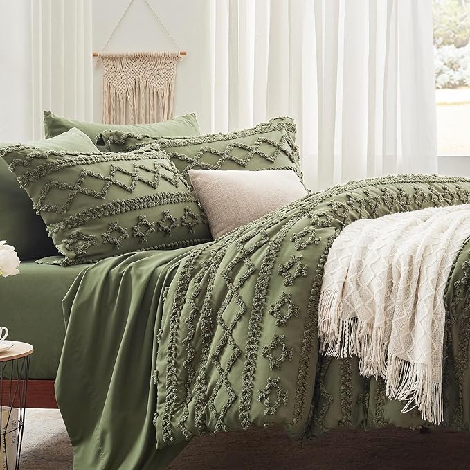 Anluoer Full Comforter Set 7 Pieces, Olive Green Tufted Bed in a Bag with comforters and sheets, All Season Bedding Sets with 1 Comforter, 2 PillowShams, 2 Pillowcases, 1 Flat Sheet, 1 Fitted Sheet - LeafyLoom