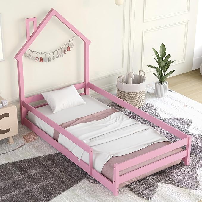 Bellemave Twin Size House-Shaped Headboard Floor Bed with Fences, Wooden Montessori Bed for Kids,House Bed Twin Frame for Girls,Boys (Pink) - LeafyLoom