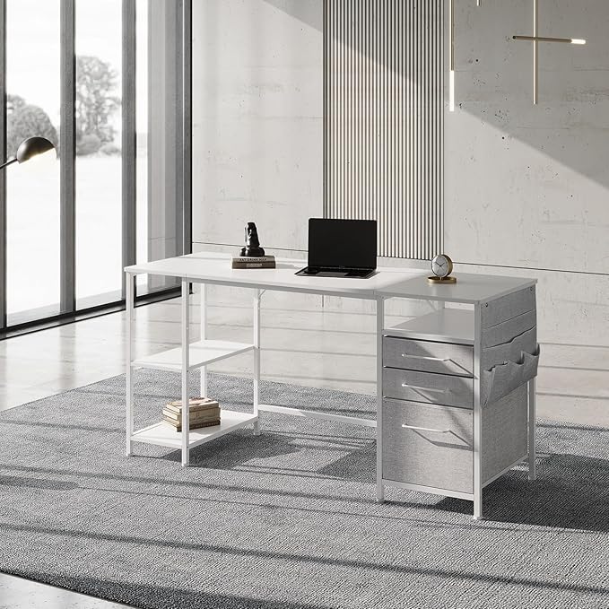 Ｍａｉｈａｉｌ Home Office Desk with Drawers and Adjustable Shelves, 59 inch Long Writing Desk with File Cabinet, Large Computer Desk with Storage, Vintage, White - LeafyLoom