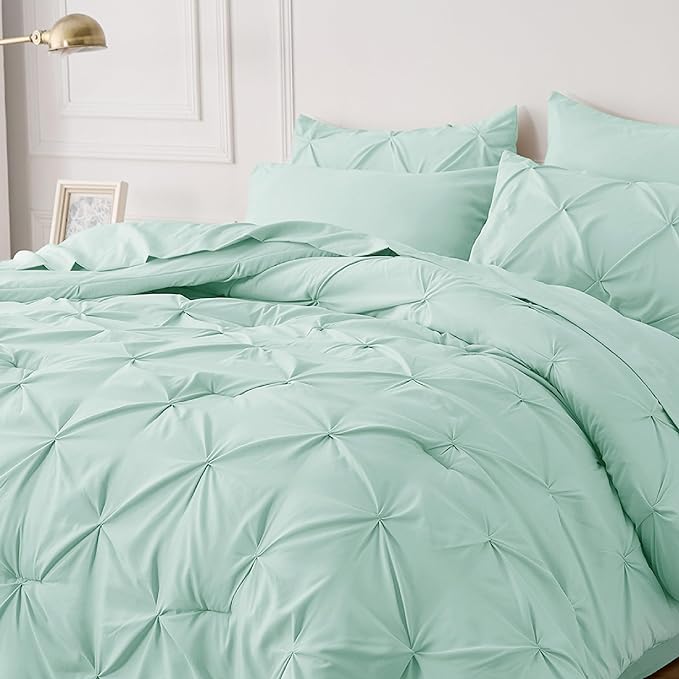 Bedsure California King Comforter Set Mint Green - Cal King Bed Set 7 Pieces, Pinch Pleat Cali King Bedding Set with Comforter, Sheets, Pillowcases & Shams - LeafyLoom