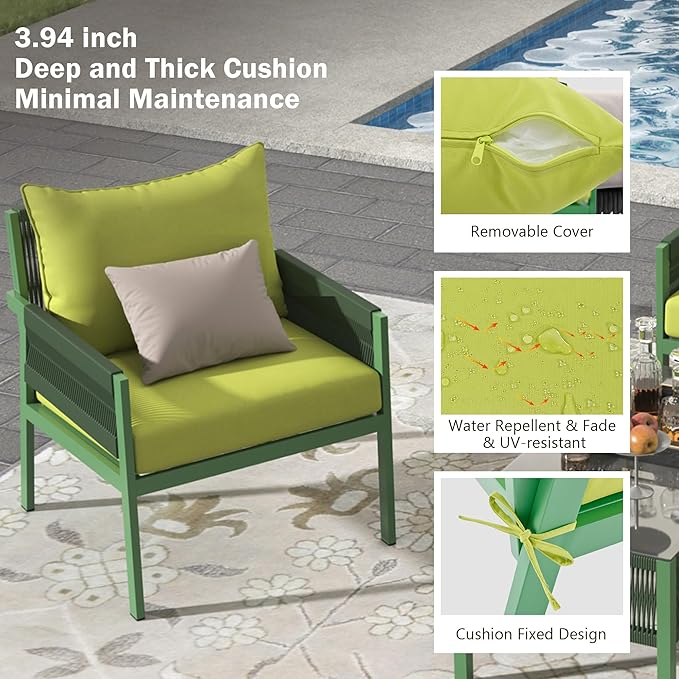 4-Piece Patio Conversation Furniture Set, Rope Weave Outdoor Loveseat Sofa with 2 Armchairs, Thick Cushion&Tempered Glass Table, for Garden Backyard, Onesize, Fluorescent Yellow+Green - LeafyLoom