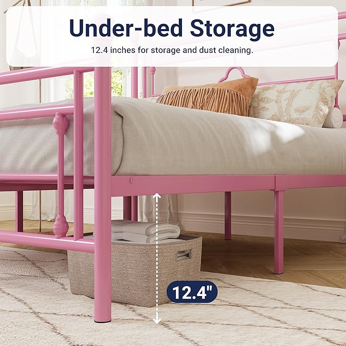 Allewie Queen Size Metal Platform Bed Frame with Victorian Vintage Headboard and Footboard/Mattress Foundation/Under Bed Storage/No Box Spring Needed/Noise-Free/Easy Assembly, Pink - LeafyLoom