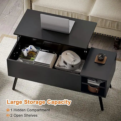 Coffee Table Lift Top - Black Coffee Table with Lifting Top and Hide Compartment Storage - Rectangle Coffee Table Wood - Lift up Coffee Tables for Living Room - LeafyLoom