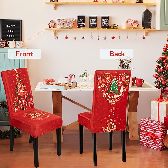 6PCS Christmas Dining Chair Covers, Stretch Removable Washable Dining Room Chair Protector Slipcovers, Xmas Tree Heart Kitchen Chair Cover, Slipcover Protector for Xmas Holiday Party Home Décor CZL