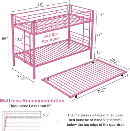 VECELO Twin Over Twin Bunk Bed with Trundle, Metal Bunkbeds with Ladder and Full-Length Guardrail, Noise Free, No Box Spring Needed, Pink - LeafyLoom