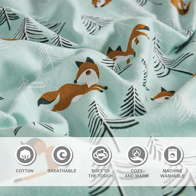 Comfort Spaces Cotton Flannel Breathable Warm, Deep Pocket Sheets with Pillow Case Bedding, Queen, Seafoam Foxes 4 Piece - LeafyLoom