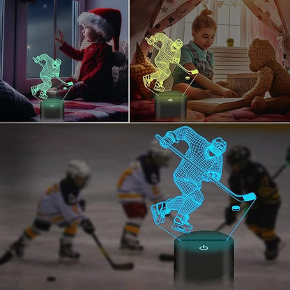 Hockey Night Light, Ice Hockey Player 3D Illusion Lamp for Boys Room Decor with Remote + Touch 16 Colors Flashing Changing Desk Lamps for Kids Sport Fans Birthday Xmas Cool Gifts - LeafyLoom