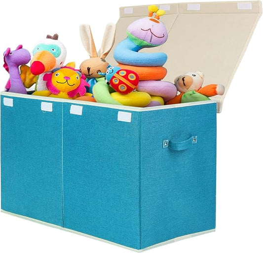 popoly Large Toy Box Chest Storage with Flip-Top Lid, Collapsible Toy Bin Storage Organizer for Boys, Kids, Girls, Toys, Playroom Organizers, 25"x13" x16"(Linen Teal) - LeafyLoom